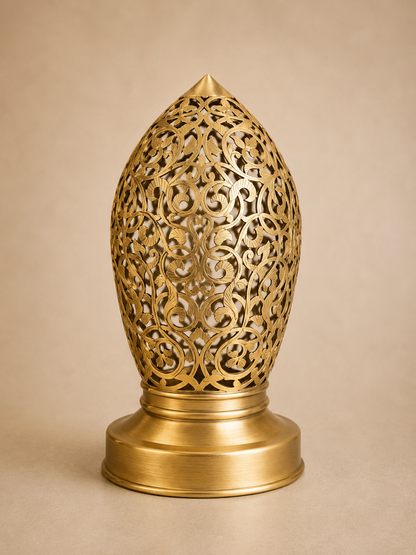 Handcrafted Brass Table Lamp with Oval Floral Openwork Shade