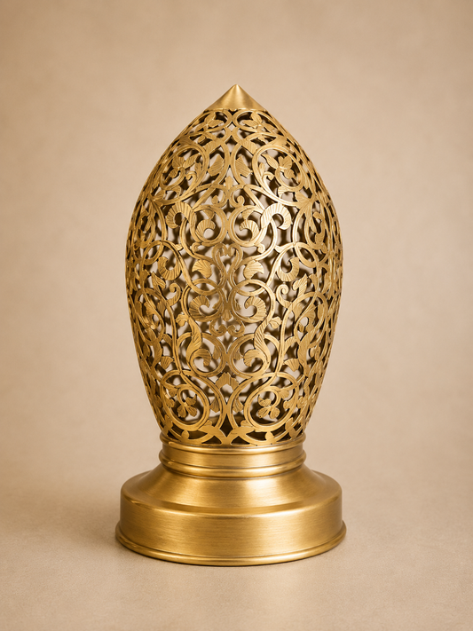 Handcrafted Brass Table Lamp with Oval Floral Openwork Shade