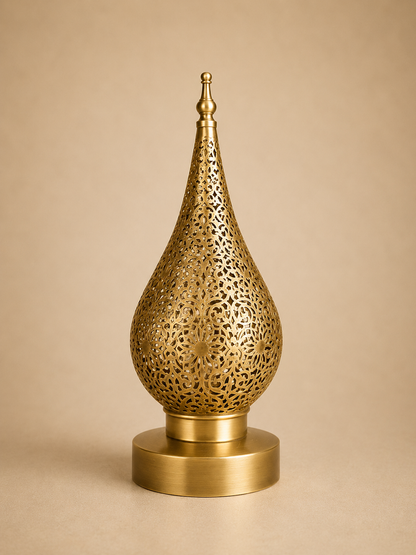 Handcrafted Brass Table Lamp with Teardrop Openwork Shade