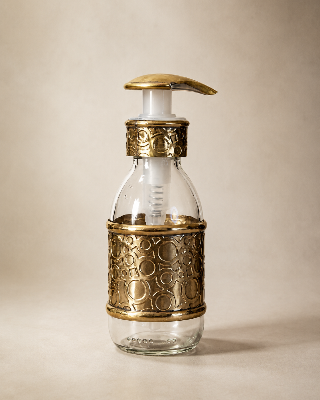 150 ml Glass Soap Dispenser with Embossed Circular Brass Sleeve and Pump