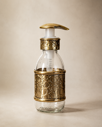 150 ml Glass Soap Dispenser with Embossed Circular Brass Sleeve and Pump