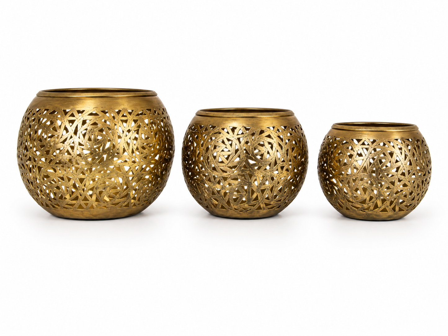 Set of 3 Handmade Brass Candle Holders with Openwork Design