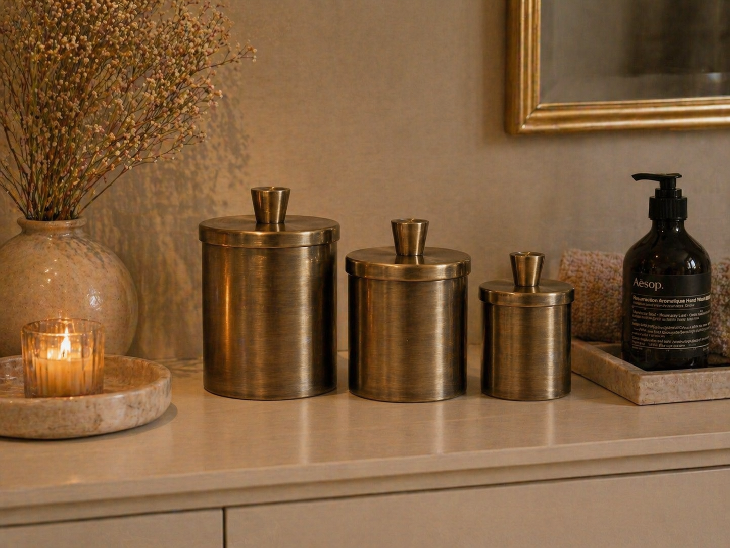 Set of 3 Handmade Brass Storage Canisters with Lids
