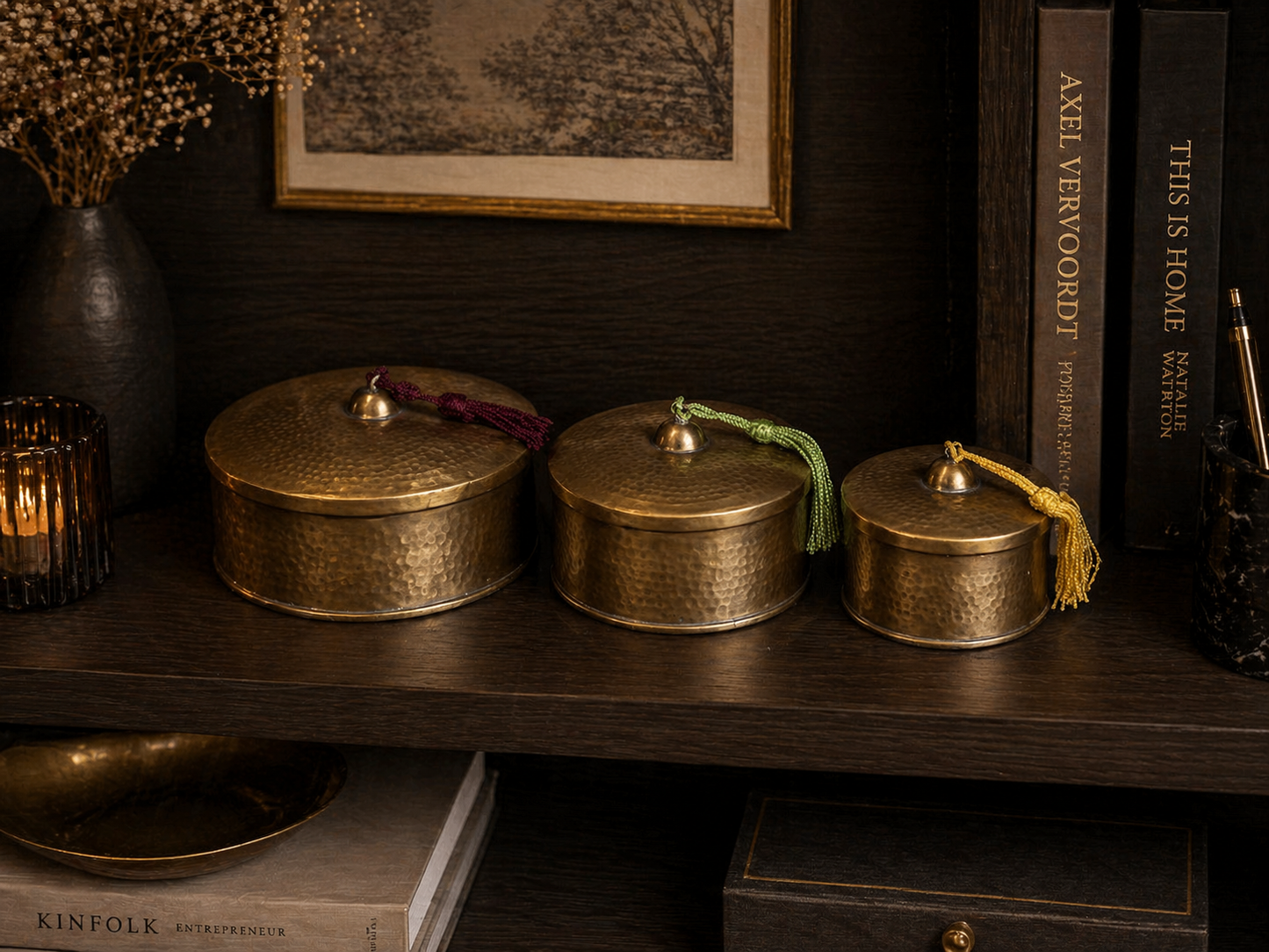 Handcrafted Hammered Brass Decorative Boxes with Lids – Set of 3