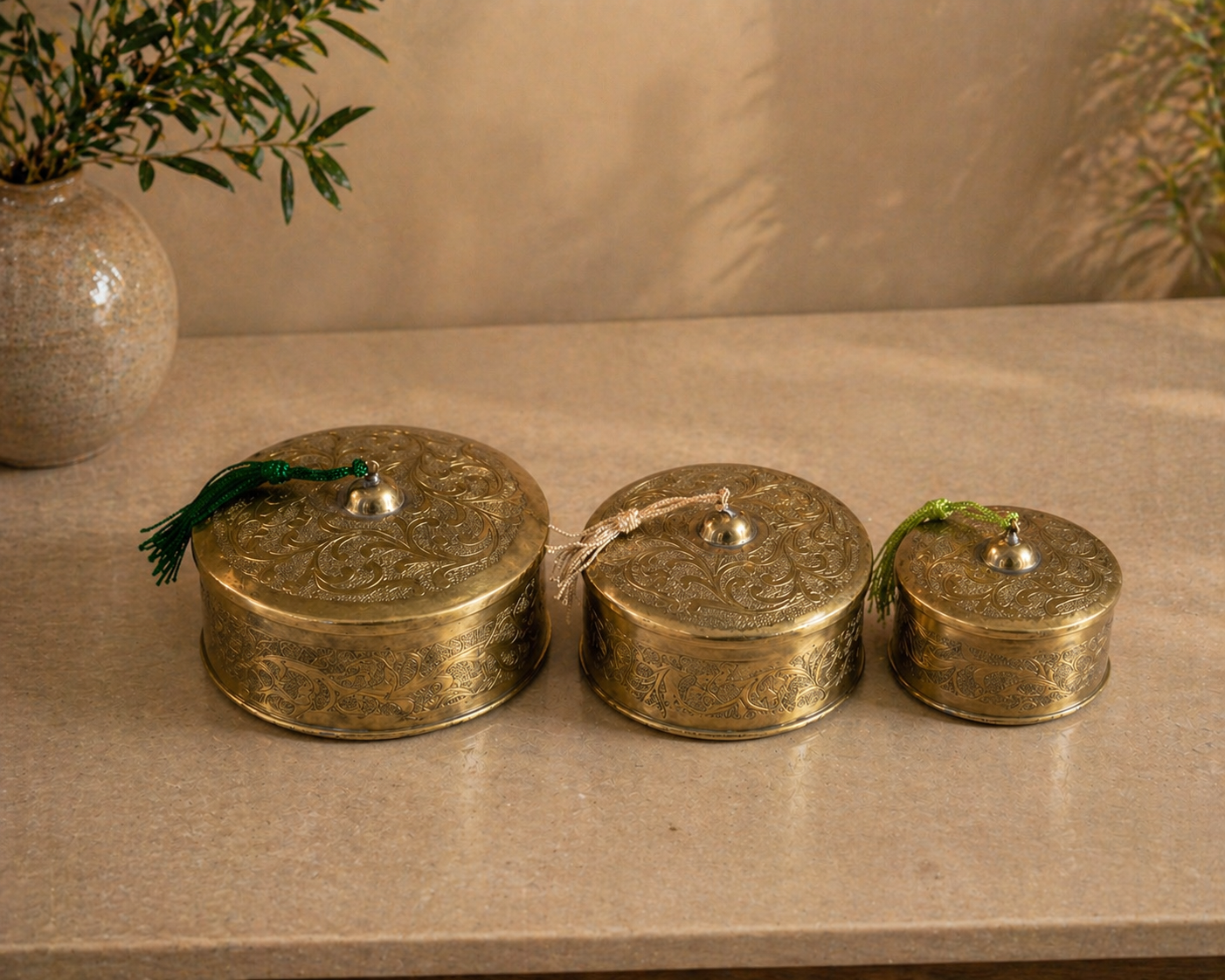 Handcrafted Floral Engraved Brass Decorative Boxes with Lids – Set of 3