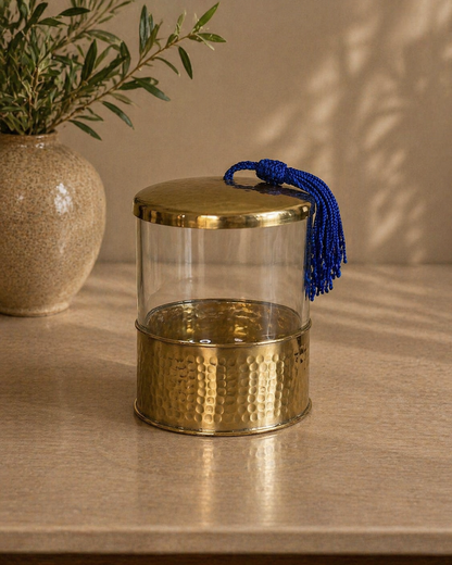 Glass Storage Jar with Hammered Brass Lid – Gold