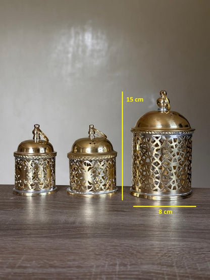 Handcrafted Nesting Pierced Brass Containers with Lids – Set of 3, Gold
