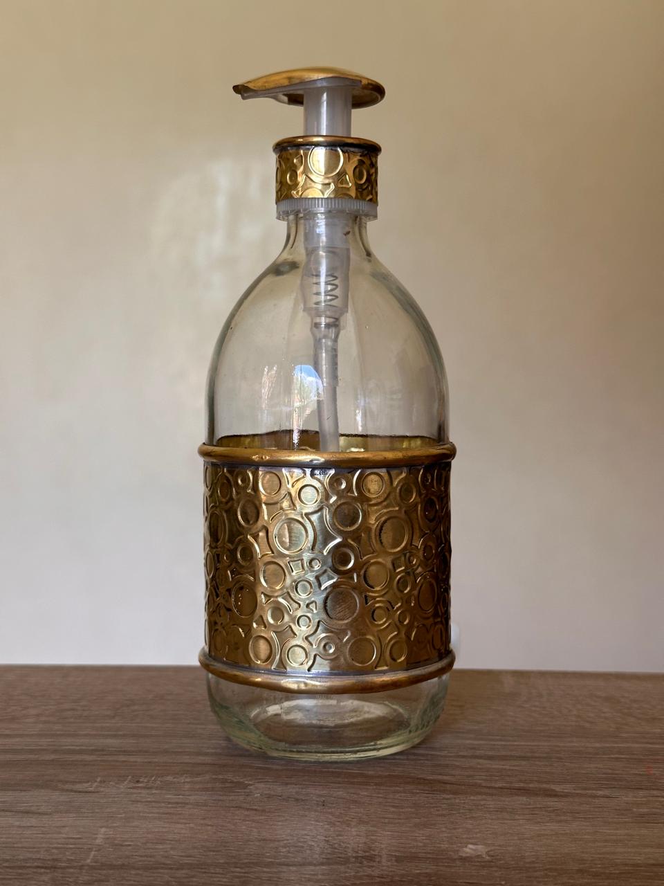 Glass Liquid Soap Dispenser with Handmade Brass Cover – 500 ml