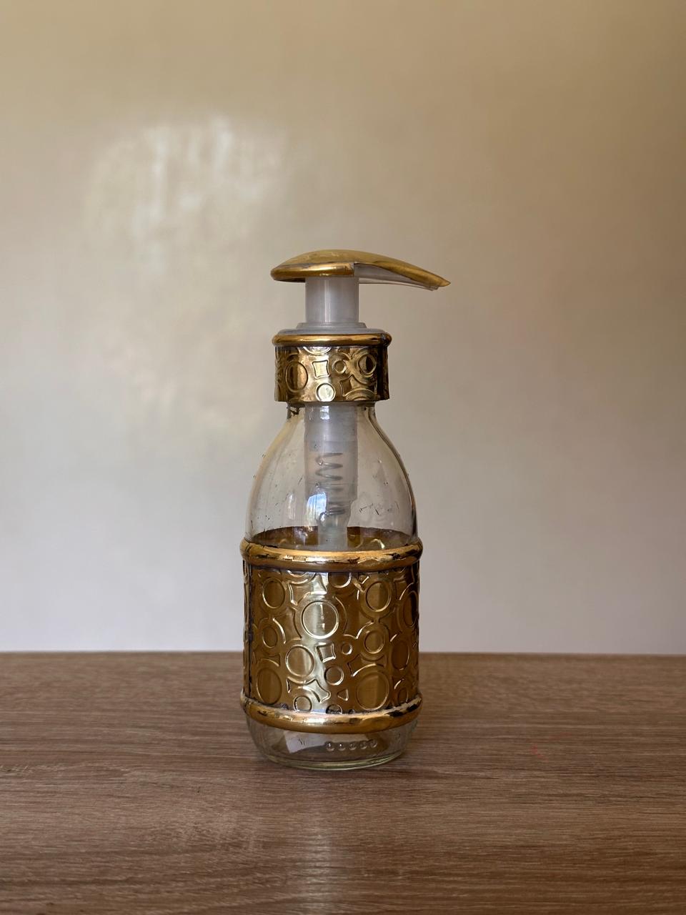150 ml Glass Soap Dispenser with Embossed Circular Brass Sleeve and Pump