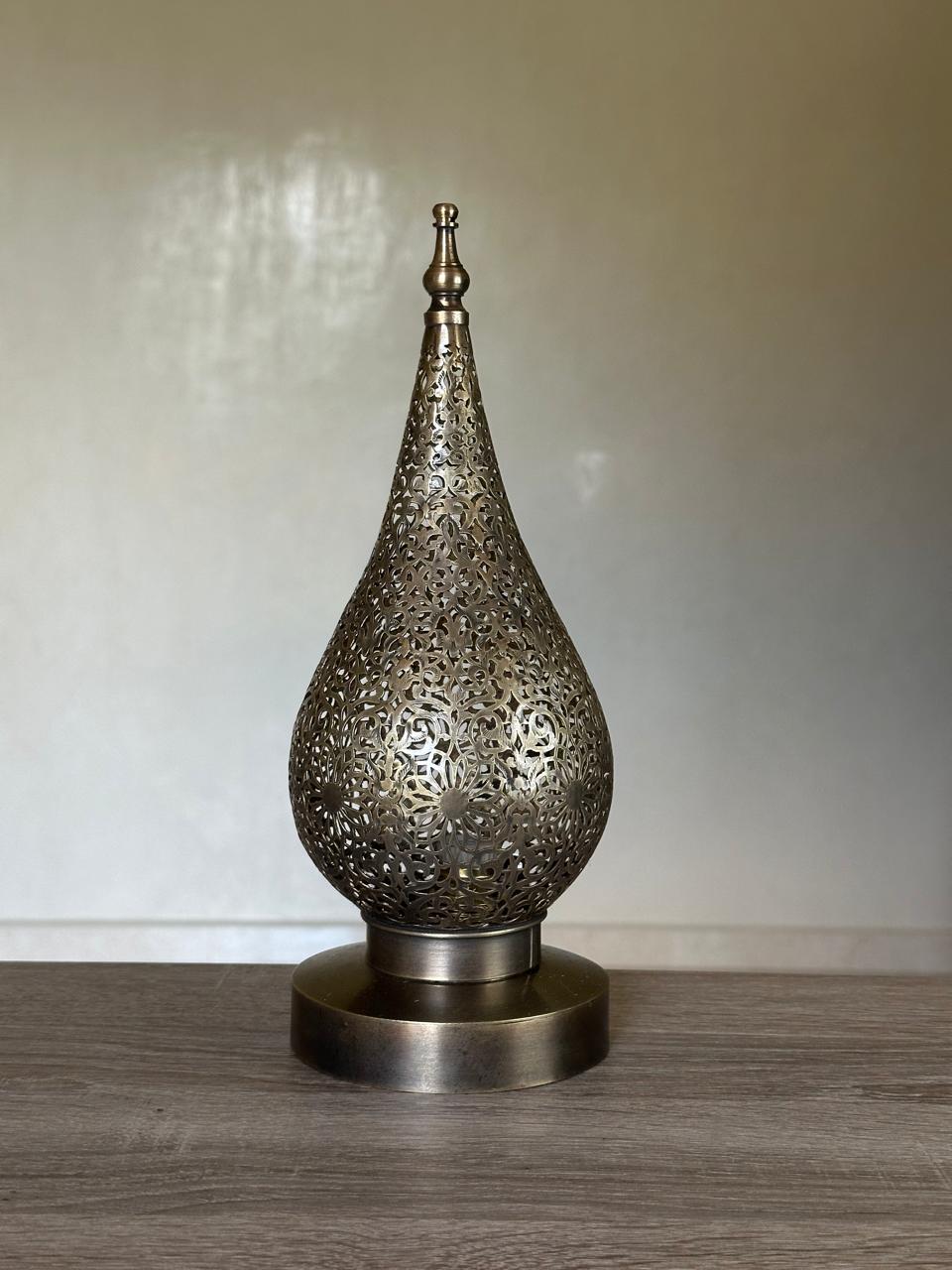 Handcrafted Brass Table Lamp with Teardrop Openwork Shade
