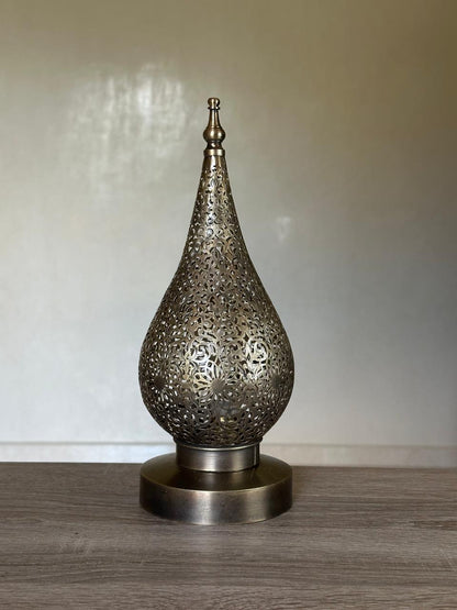 Handcrafted Brass Table Lamp with Teardrop Openwork Shade