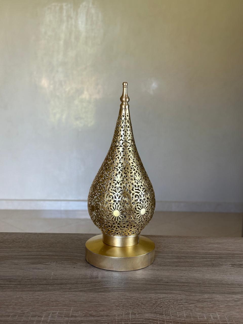 Handcrafted Brass Table Lamp with Teardrop Openwork Shade