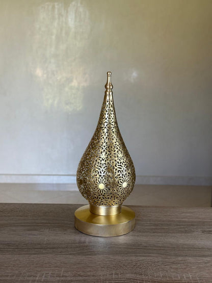 Handcrafted Brass Table Lamp with Teardrop Openwork Shade