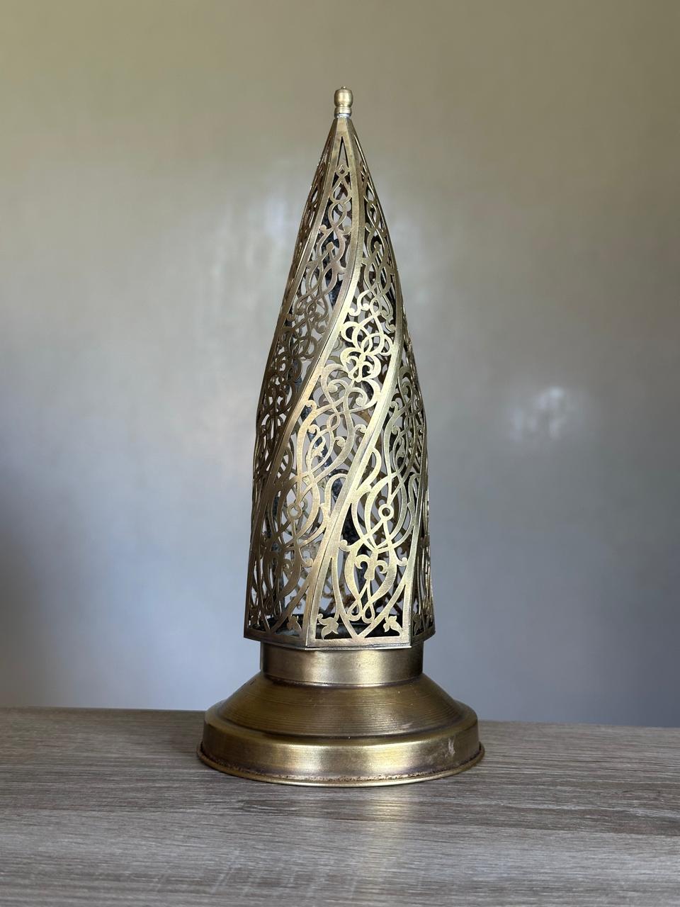 Handcrafted Brass Candle Holder with Pointed Silhouette and Arabesque Cutouts