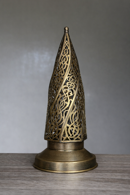 Handcrafted Brass Electric Table Lamp with Pointed Openwork Shade