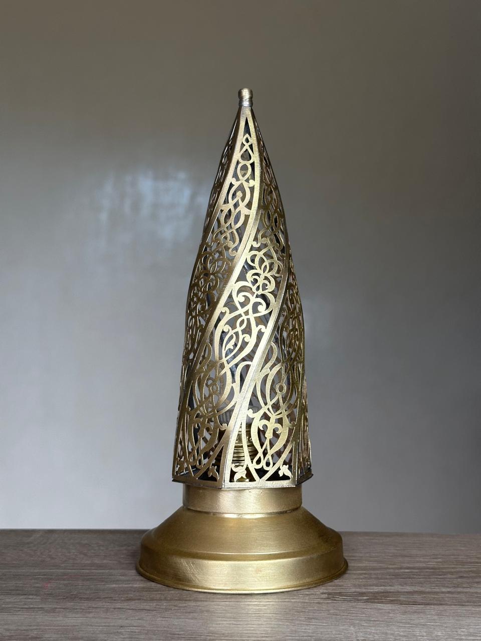 Handcrafted Brass Electric Table Lamp with Pointed Openwork Shade
