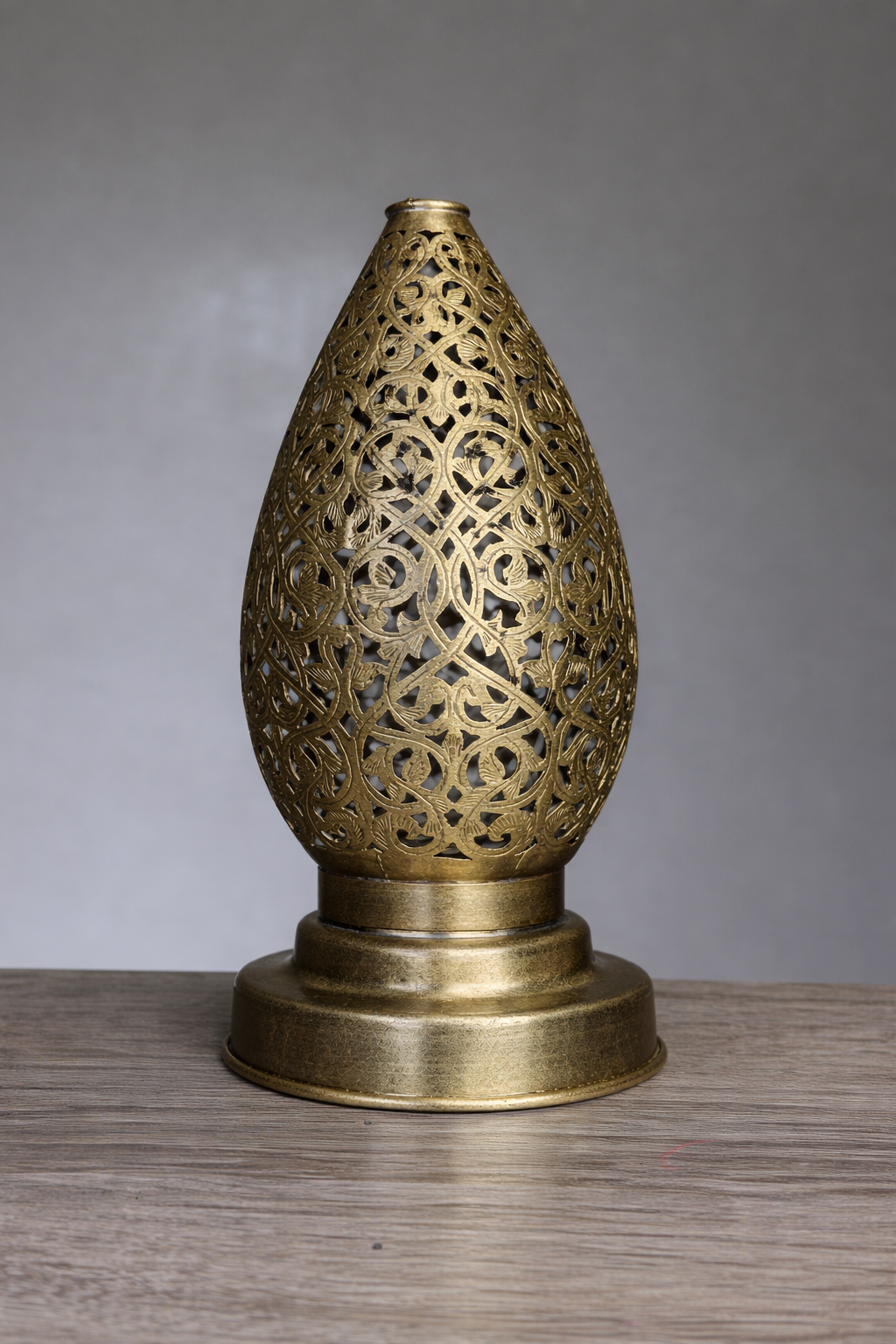 Handcrafted Brass Table Lamp with Teardrop Openwork Shade
