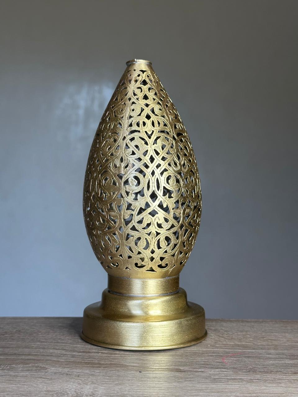 Handcrafted Brass Table Lamp with Teardrop Openwork Shade
