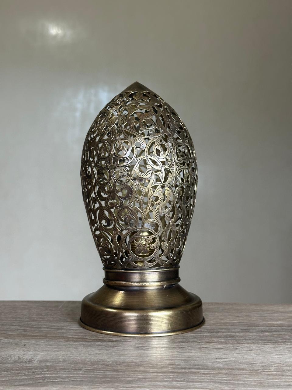 Handcrafted Brass Table Lamp with Oval Floral Openwork Shade