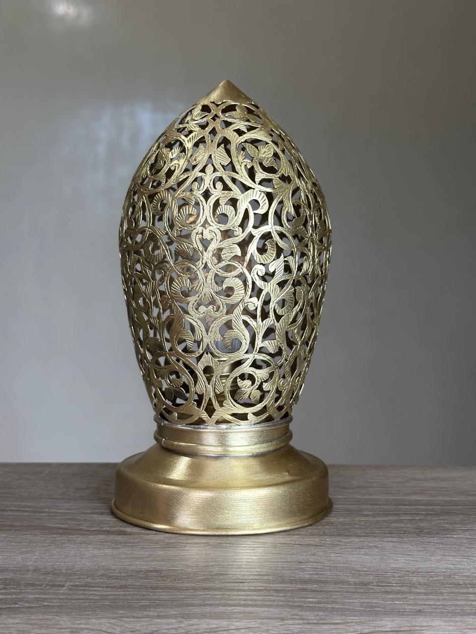 Handcrafted Brass Table Lamp with Oval Floral Openwork Shade