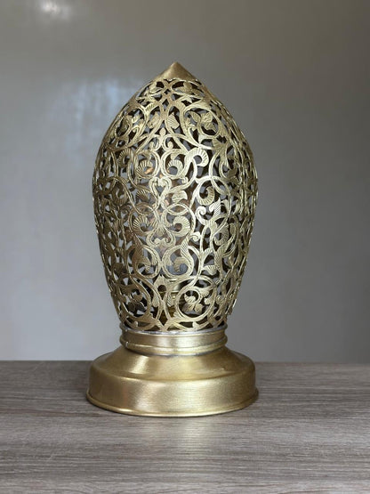 Handcrafted Brass Table Lamp with Oval Floral Openwork Shade