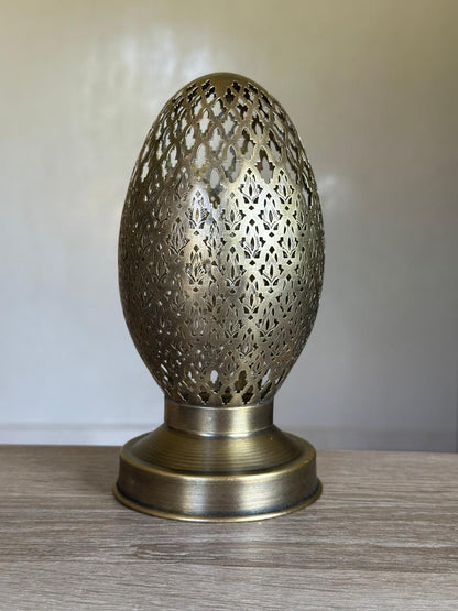 Handcrafted Brass Candle Holder with Oval Shape and Floral Lattice Cutouts