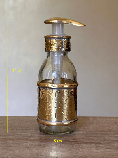 Glass Liquid Soap Dispenser with Embossed Floral Brass Sleeve and Pump – 150 ml