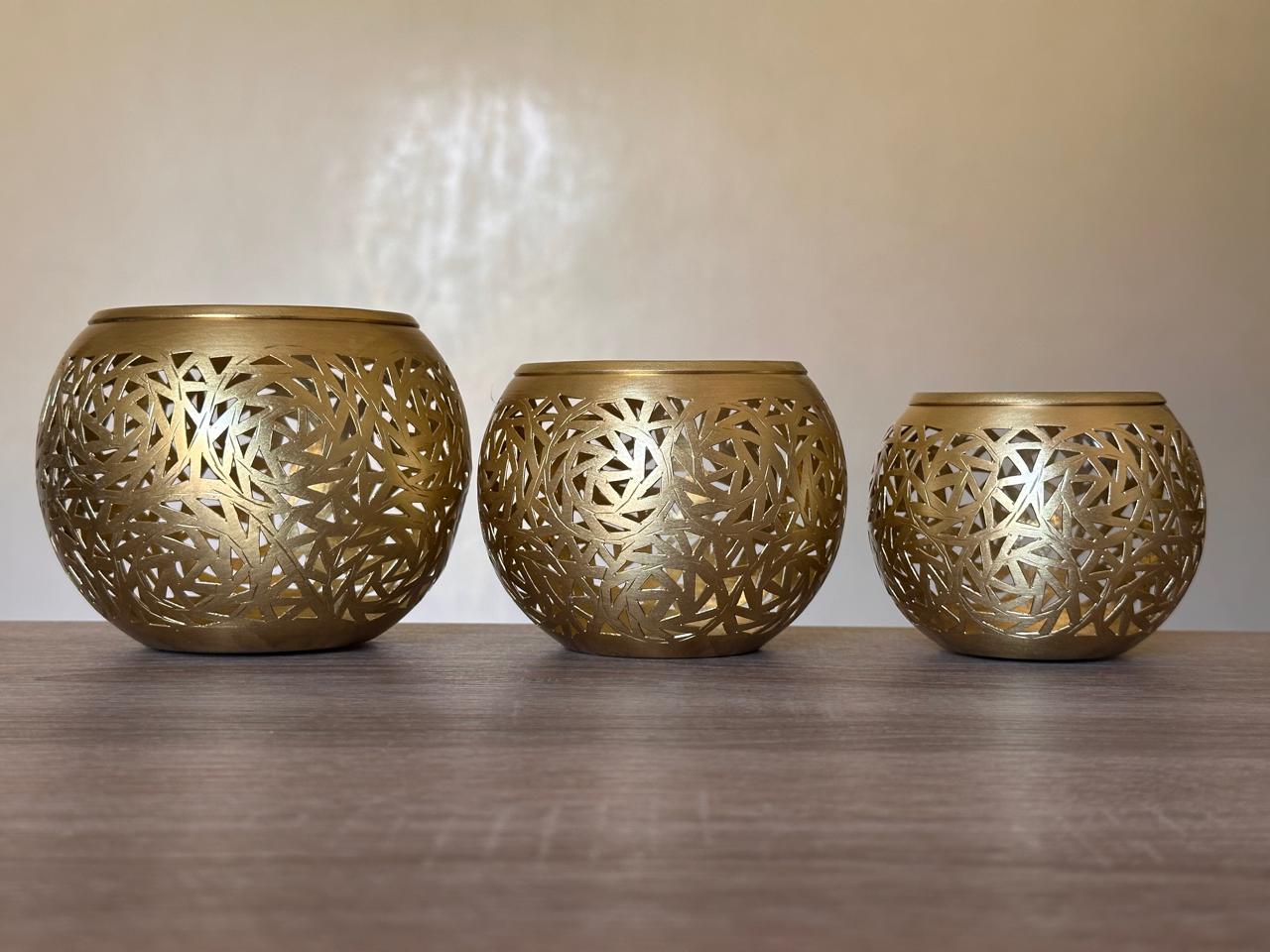 Set of 3 Handmade Brass Candle Holders with Openwork Design
