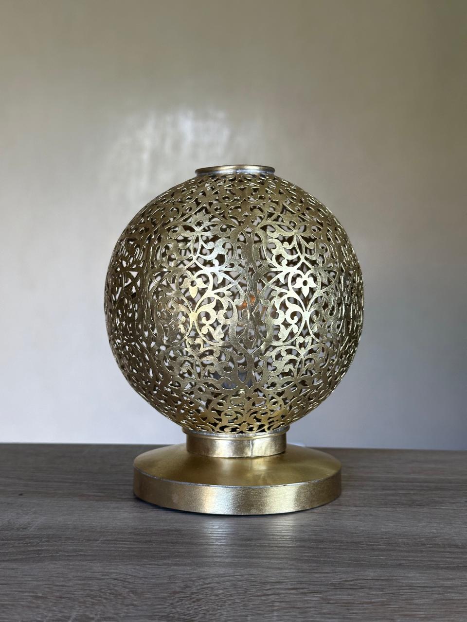 Handcrafted Brass Table Lamp with Round Openwork Shade