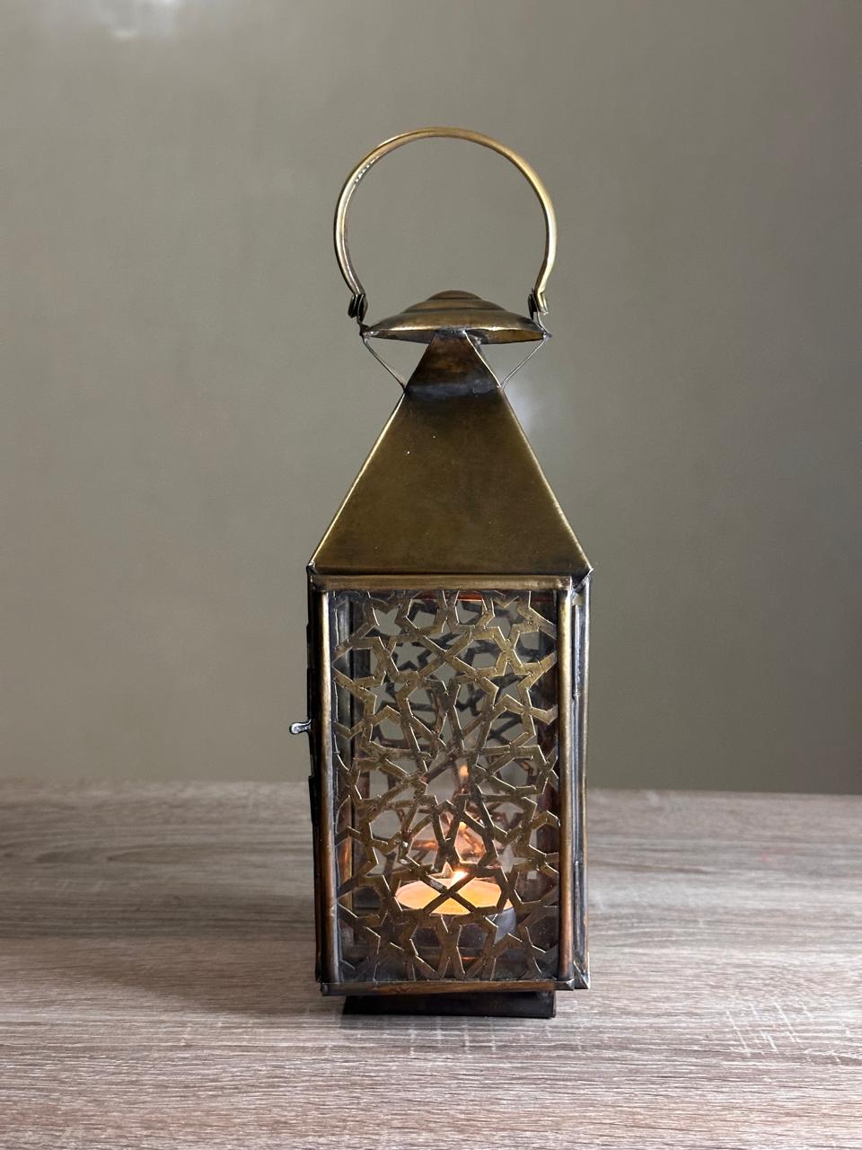 Handmade Brass Candle Lantern with Geometric Openwork Design