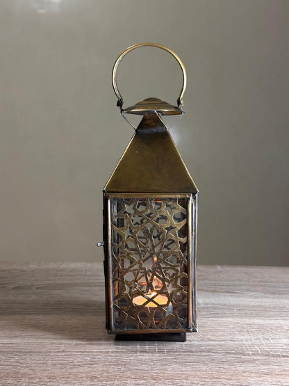 Handmade Brass Candle Lantern with Geometric Openwork Design