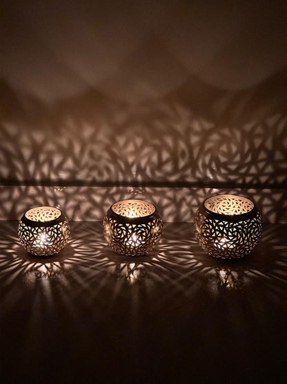 Set of 3 Handmade Brass Candle Holders with Openwork Design