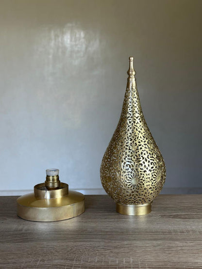 Handcrafted Brass Table Lamp with Teardrop Openwork Shade