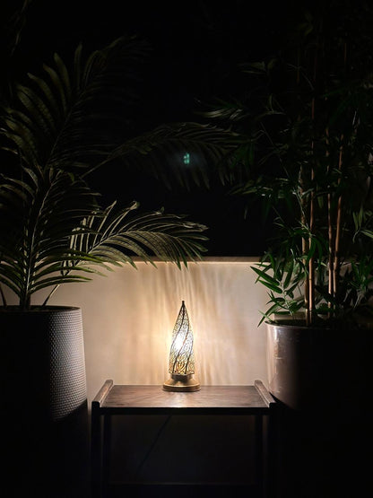 Handcrafted Brass Electric Table Lamp with Pointed Openwork Shade