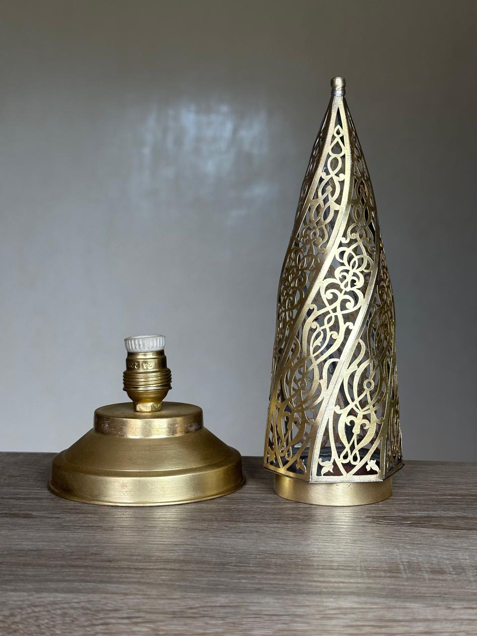 Handcrafted Brass Electric Table Lamp with Pointed Openwork Shade