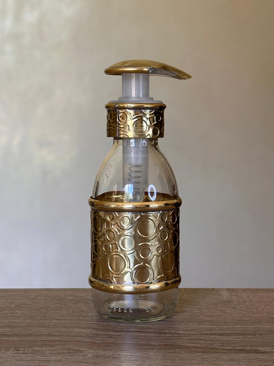 Glass Liquid Soap Dispenser with Embossed Floral Brass Sleeve and Pump – 150 ml
