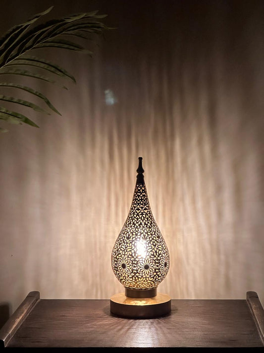 Handcrafted Brass Table Lamp with Teardrop Openwork Shade