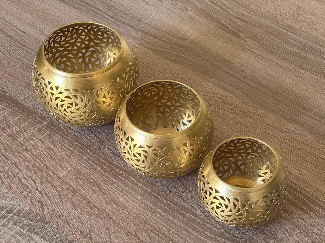 Set of 3 Handmade Brass Candle Holders with Openwork Design