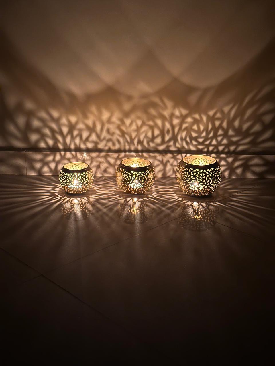Set of 3 Handmade Brass Candle Holders with Openwork Design