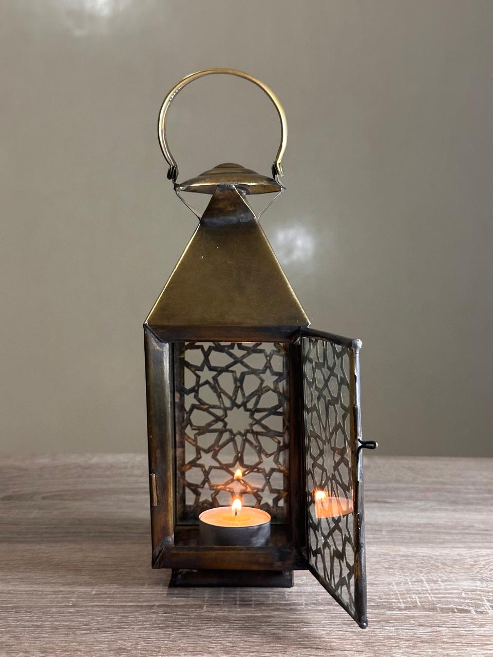 Handmade Brass Candle Lantern with Geometric Openwork Design