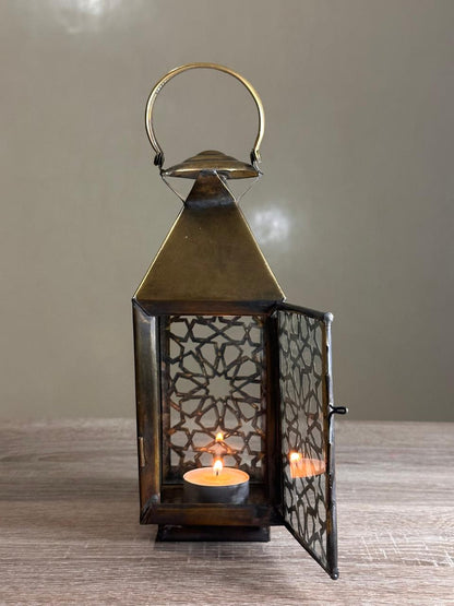 Handmade Brass Candle Lantern with Geometric Openwork Design