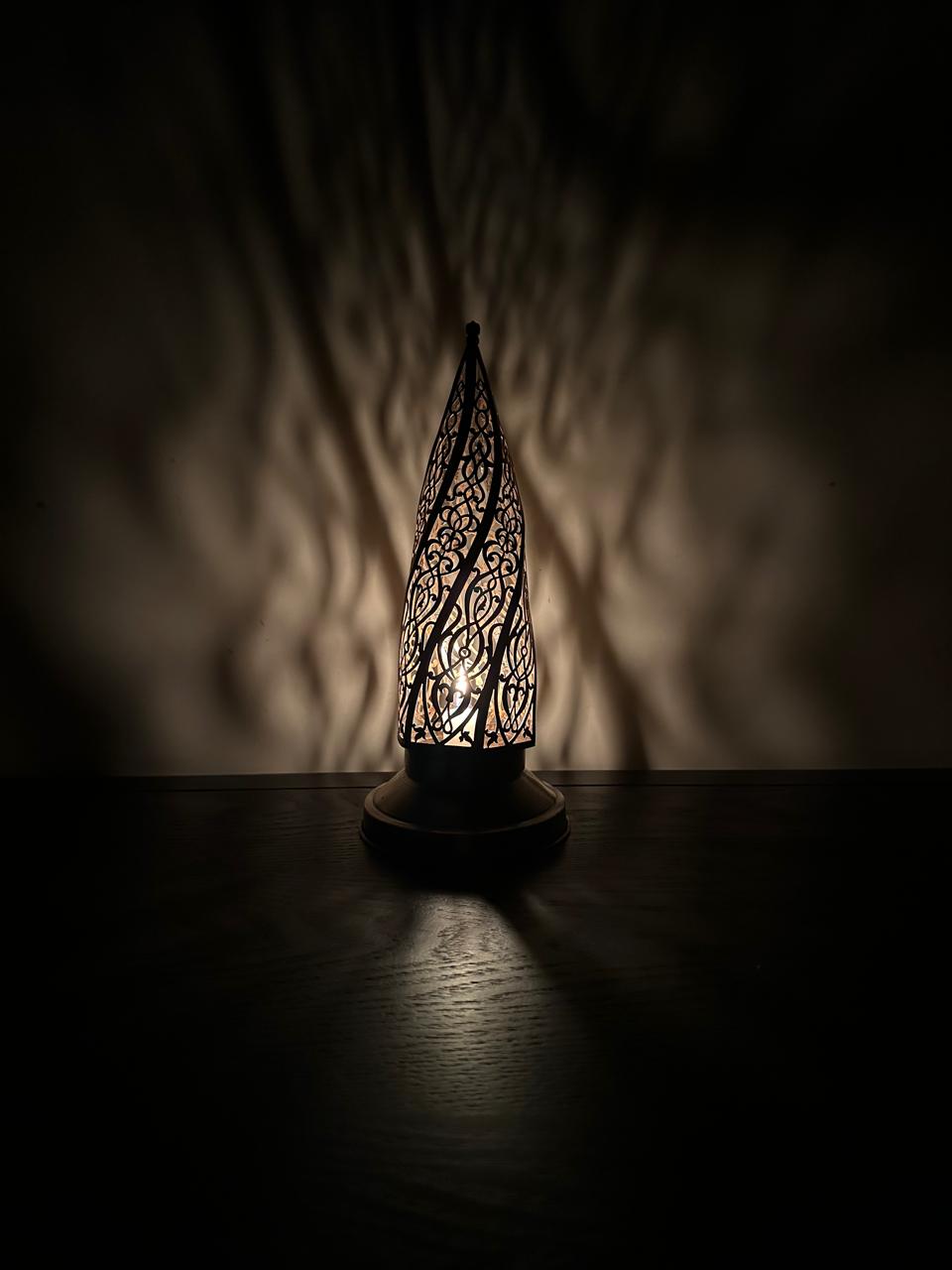 Handcrafted Brass Candle Holder with Pointed Silhouette and Arabesque Cutouts