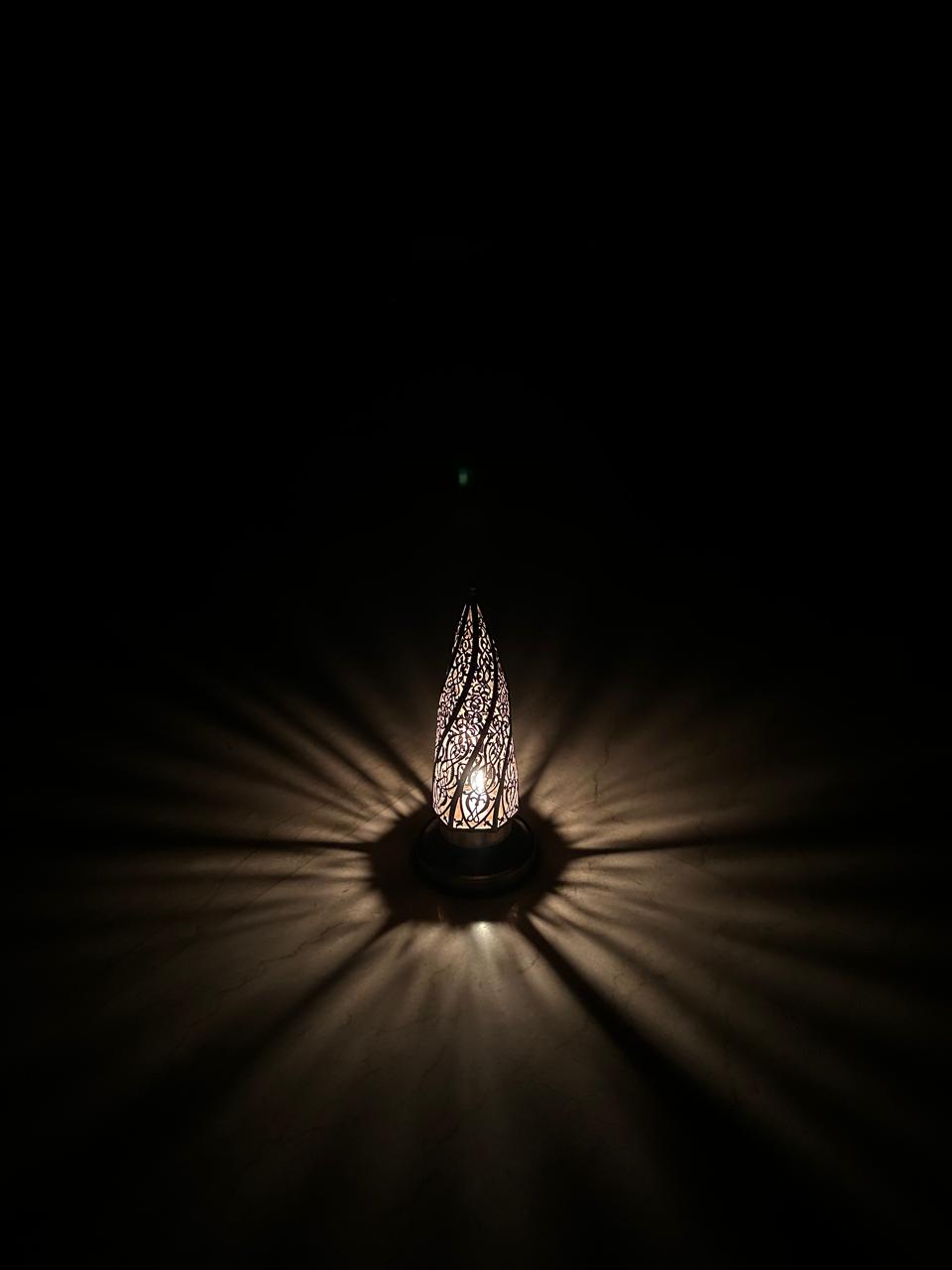 Handcrafted Brass Candle Holder with Pointed Silhouette and Arabesque Cutouts
