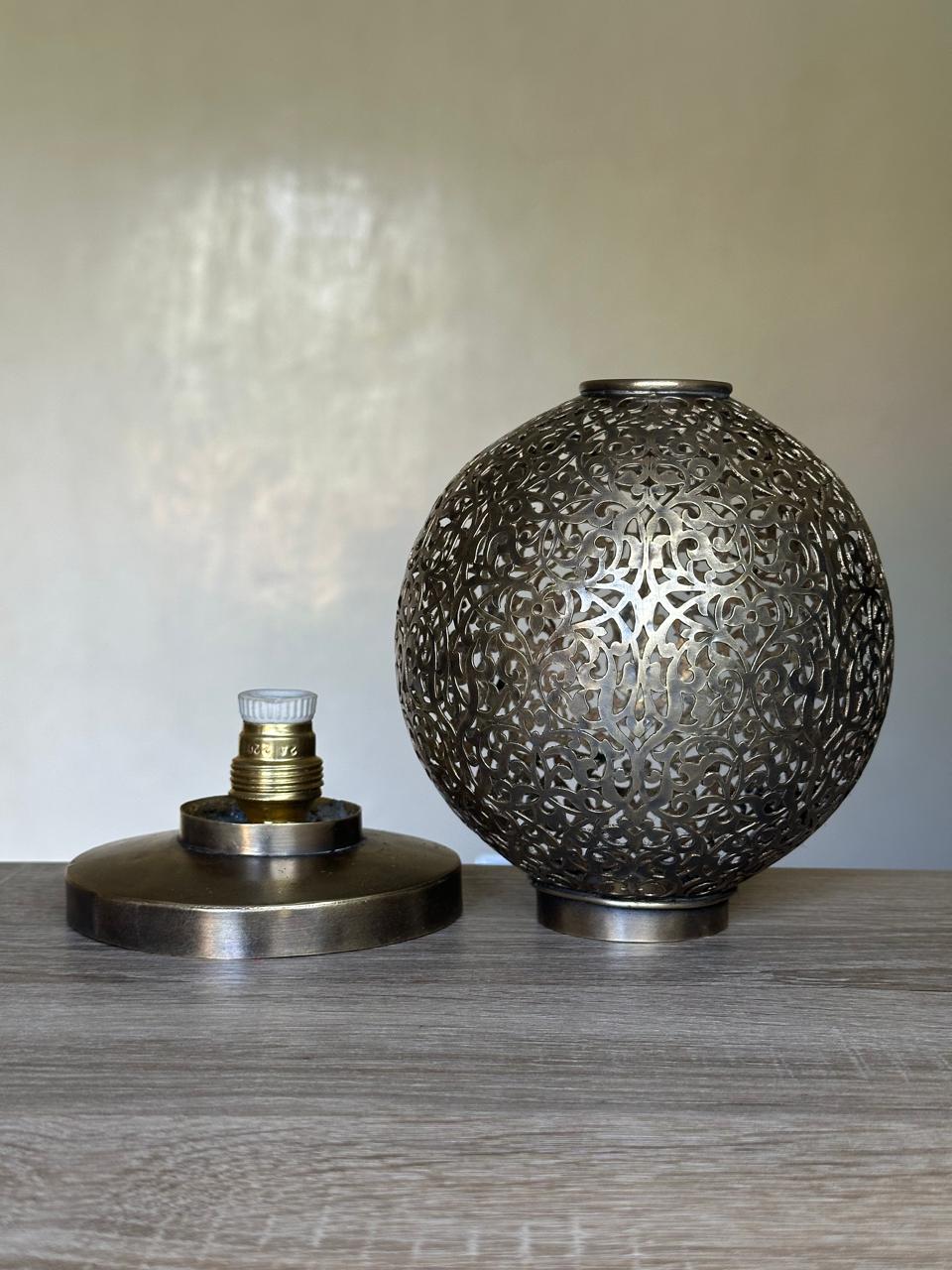 Handcrafted Brass Table Lamp with Round Openwork Shade
