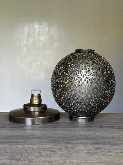 Handcrafted Brass Table Lamp with Round Openwork Shade