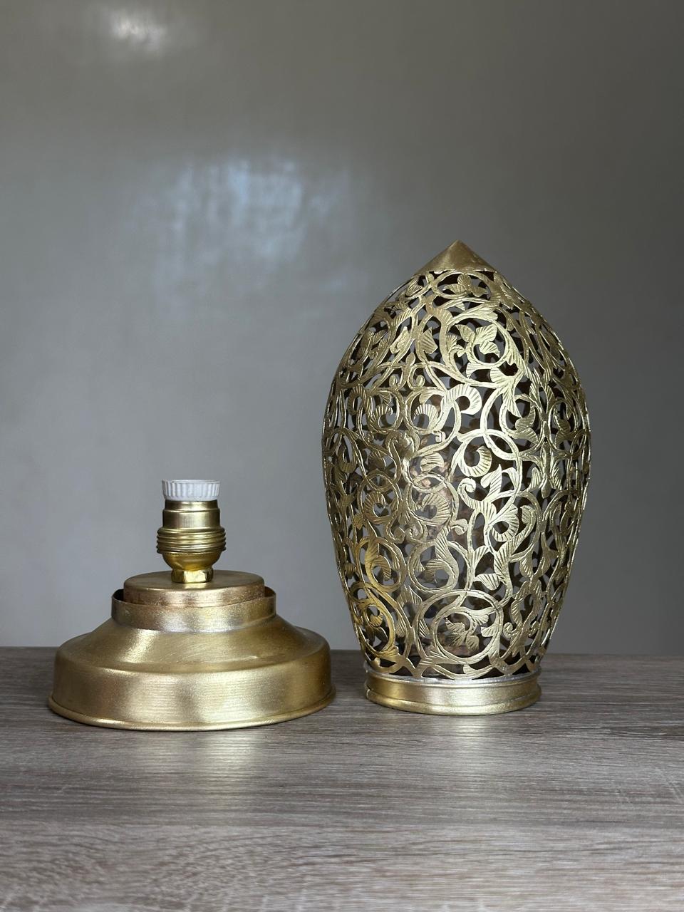 Handcrafted Brass Table Lamp with Oval Floral Openwork Shade