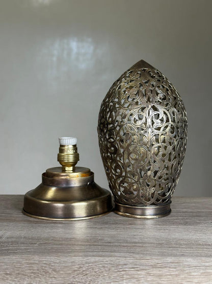 Handcrafted Brass Table Lamp with Oval Floral Openwork Shade