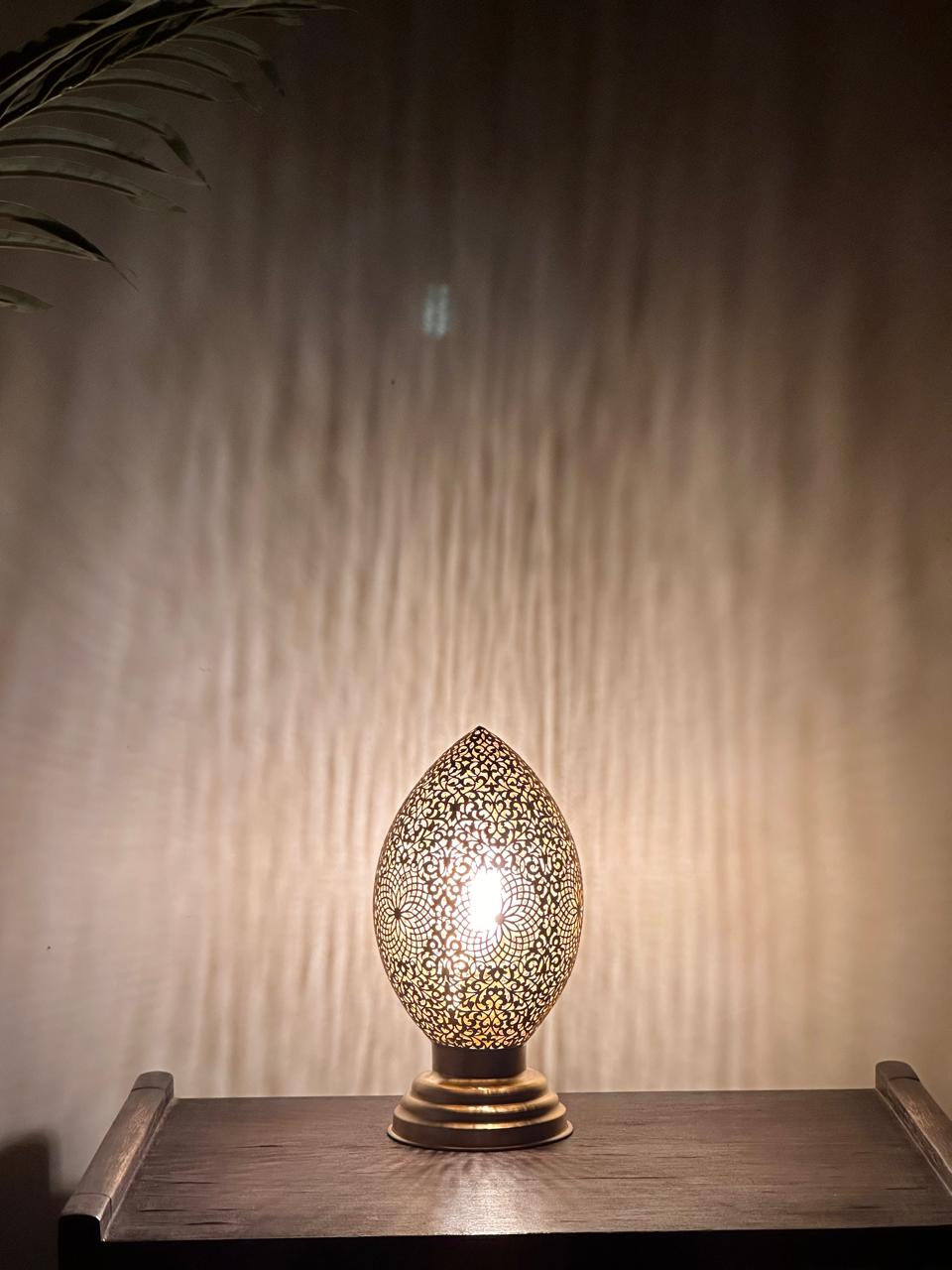 Handcrafted Brass Table Lamp with Oval Openwork Shade