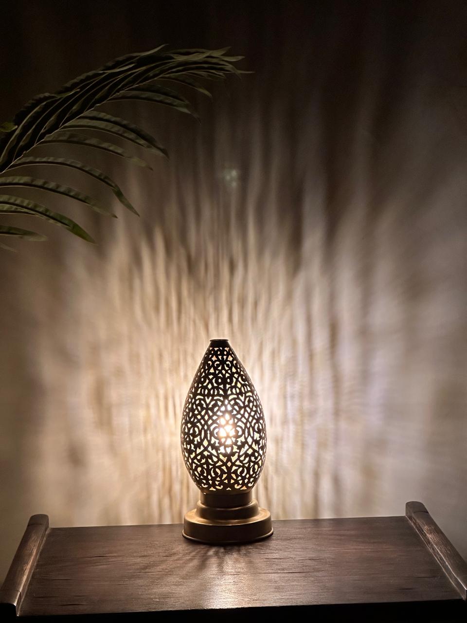 Handcrafted Brass Table Lamp with Teardrop Openwork Shade