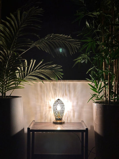 Handcrafted Brass Table Lamp with Oval Floral Openwork Shade